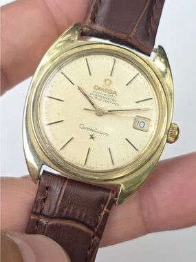 Omega Gold-Tone Constellation Watch with Brown Leather Strap